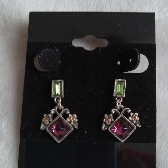 Silver Tone Geometric Floral Drop Earrings - Picture 3 of 4